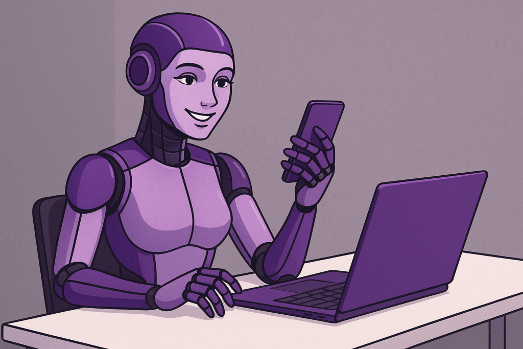 KI im Marketing: Das Bild zeigt einen lila farbenen Roboter der an einem Schreibtisch sitzt und auf ein Smartphone schaut. Sie lächelt dabei. Vor ihr steht außerdem ein lila farbener Laptop