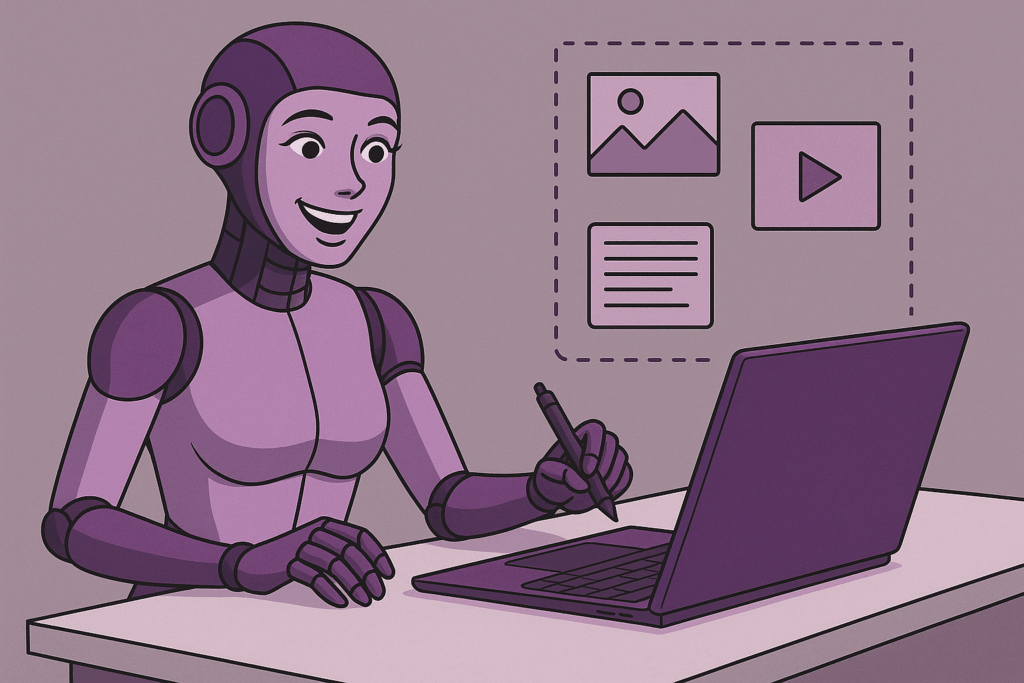 Content Creation mit KI: Das Bild zeigt einen weiblichen Roboter, der an einem schreibtisch sitzt und auf den Laptop schaut.