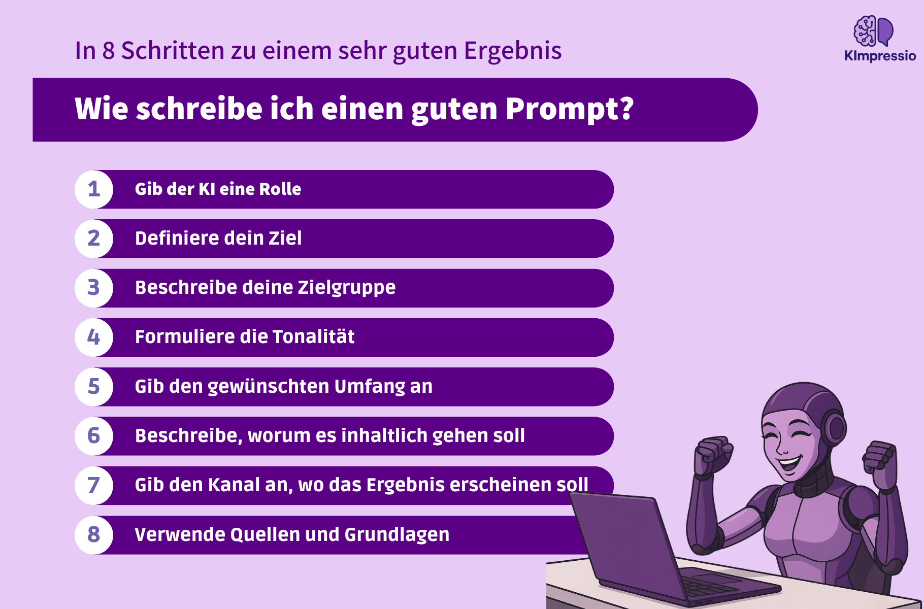 Richtig prompten: Wie schreibe ich einen guten Prompt? Das Bild zeigt eine Anleitung, wie man in nur 8 Schritten einen guten Prompt schreibt: 1. Gib der KI eine Rolle 
2. Definiere dein Ziel 
3. Beschreibe deine Zielgruppe 
4. Formuliere die Tonalität 
5. Gib den gewünschten Umfang an 
6. Beschreibe, worum es inhaltlich gehen soll 
7. Gib den Kanal an, wo das Ergebnis erscheinen soll 
8. Verwende Quellen und Grundlagen 

Die Farbgebung ist lila 