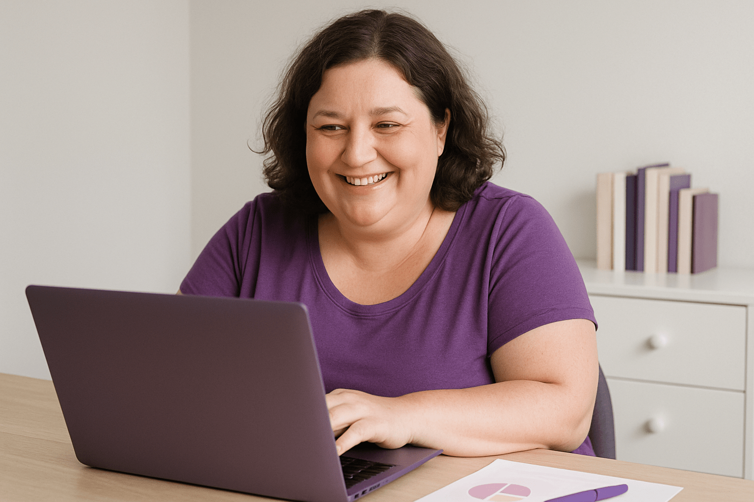 KI Workshop: Auf dem Bild ist eine fünfzigjährige Frau zu sehen, die ein lila T-Shirt trägt und an einem Schreibtisch sitzt. Sie lächelt und schau in den Laptop