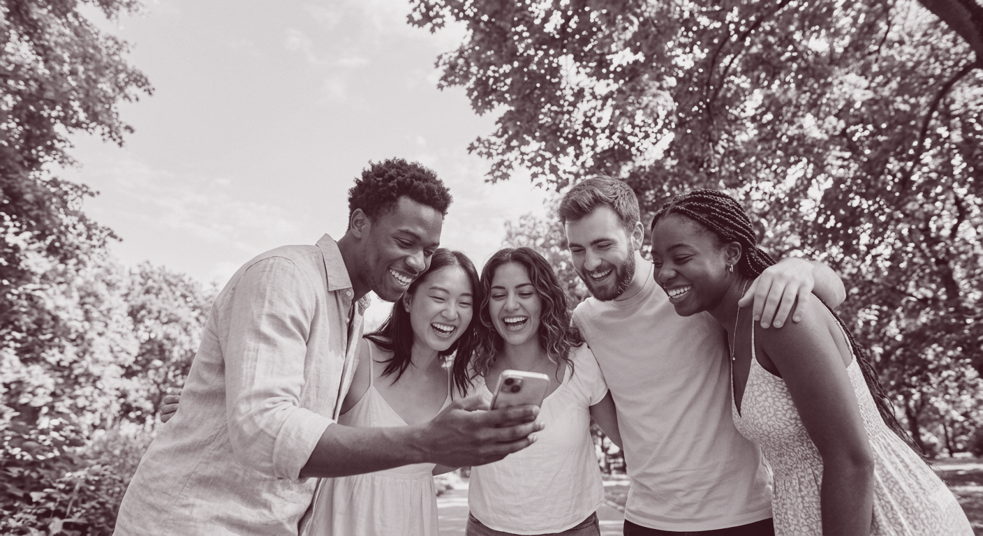 Social Media Management Freelancer: fünf Freunde liegen sich in den Armen und schauen auf ein Handy, Community Building